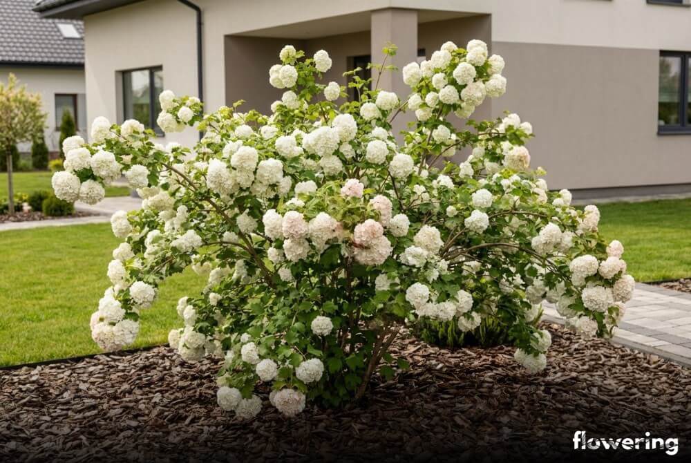 Kalina koralowa 'Roseum' jako duży krzew o śnieżnobiałych kulistych kwiatostanach na trawniku przy domu