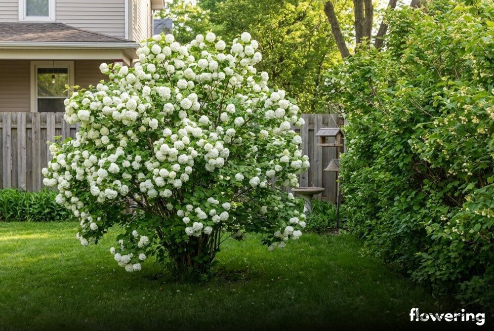 Soliter kaliny koralowej 'Roseum' na trawniku oraz luźny szpaler kalin w ogrodzie przy domu