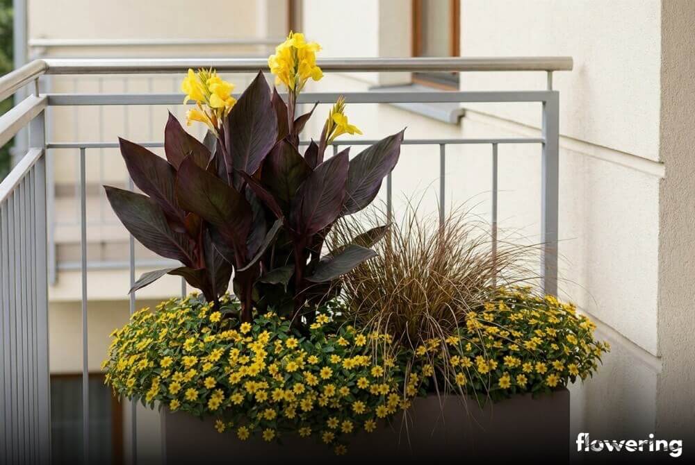 Nowoczesna kompozycja balkonowa z bordowolistną kanną, żółtymi kwiatami sanwitalii lub uczepu oraz brązową turzycą w prostokątnej donicy