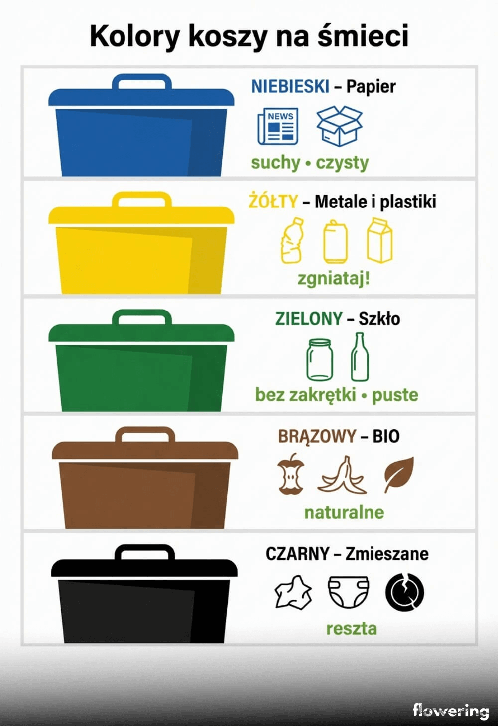 Infografika „Kolory koszy na śmieci” z pięcioma sekcjami: niebieski na papier (suchy i czysty), żółty na metale i plastiki (zgniataj), zielony na szkło (bez zakrętki, puste), brązowy na BIO (naturalne), czarny na odpady zmieszane (reszta)