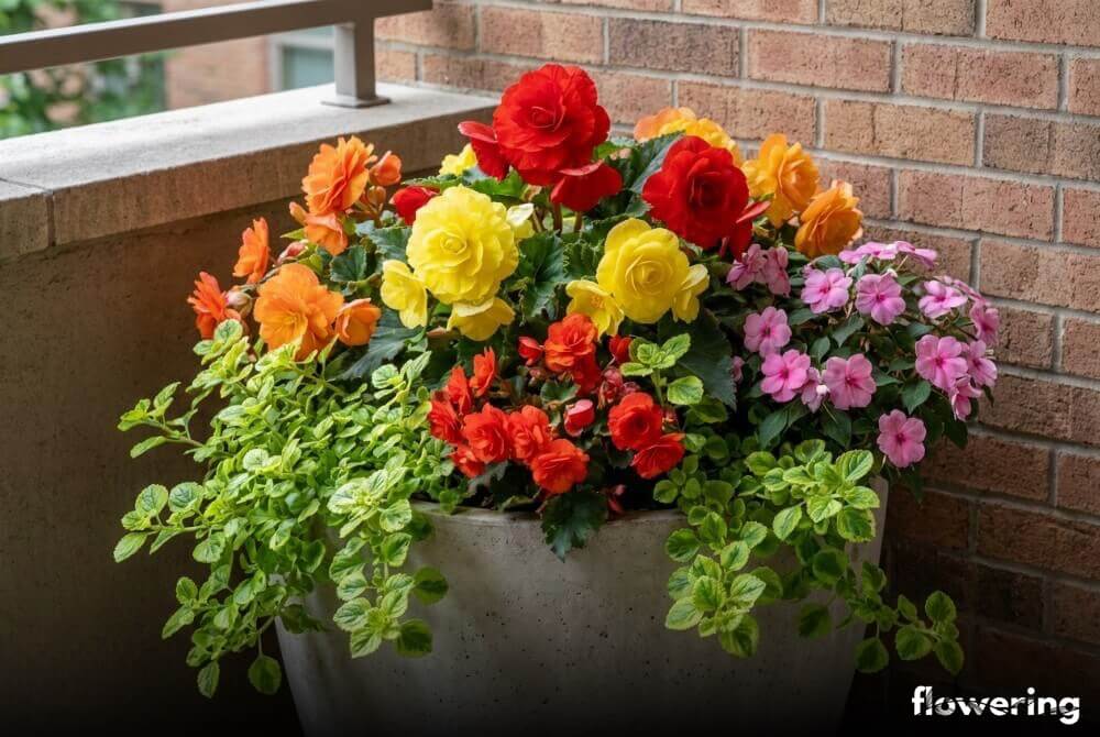 Donica na północnym balkonie z begoniami, niecierpkami i zwisającą komarzycą