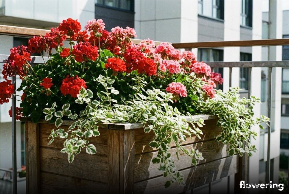 Balkonowa skrzynka z pelargoniami i zwisającą komarzycą o biało-zielonych liściach