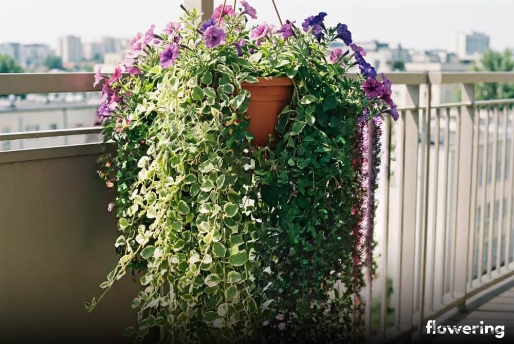 Wisząca donica z petuniami i surfiniami przeplatającymi się ze zwisającą komarzycą