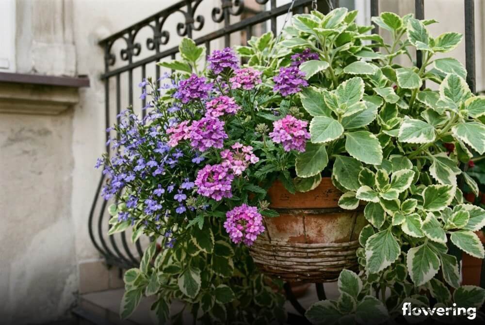 Wisząca ampelowa donica z werbeną, lobelią i komarzycą jako tłem liściowym