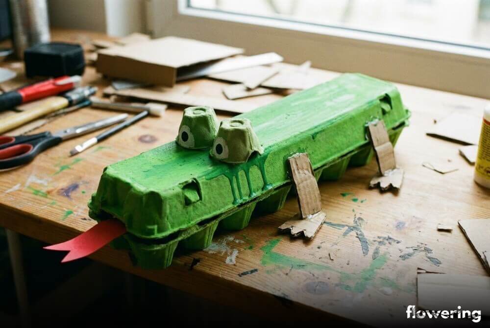 Krokodyl z zielonej wytłaczanki po jajkach z doklejonymi łapami, oczami i czerwonym językiem, stojący na stole