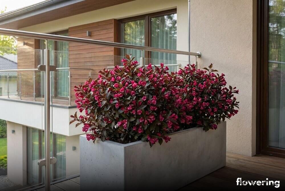 Krzewuszka 'Minor Black' o ciemnoczerwonych liściach i ciemnoróżowych kwiatach rosnąca w donicy na balkonie