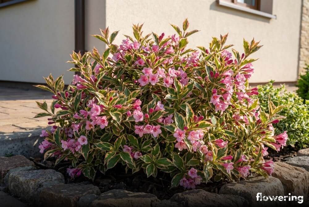 Karłowa krzewuszka 'Monet' o wielobarwnych liściach i różowych kwiatach w małej rabacie przy domu