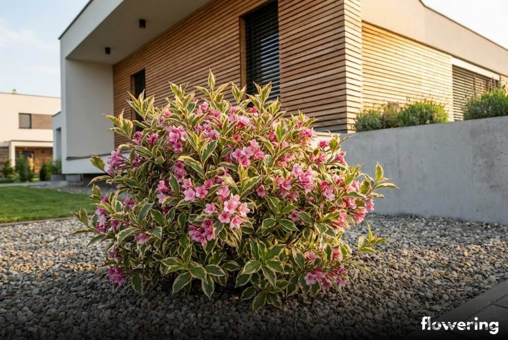 Krzewuszka 'Monet' o wielobarwnych liściach i różowych kwiatach w ogrodzie przy drewnianej elewacji