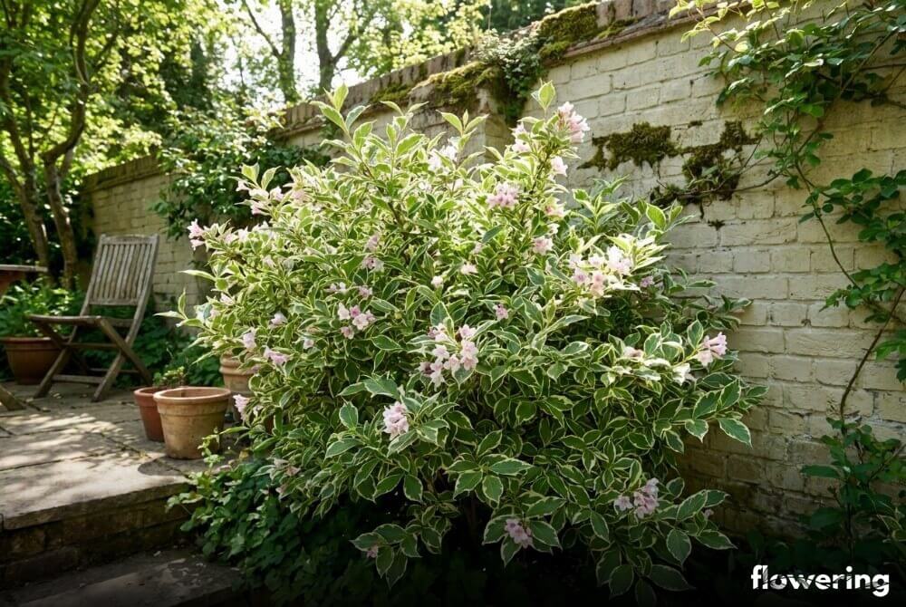 Krzewuszka 'Nana Variegata' o pstrych liściach z jasną obwódką w półcieniu przy domu