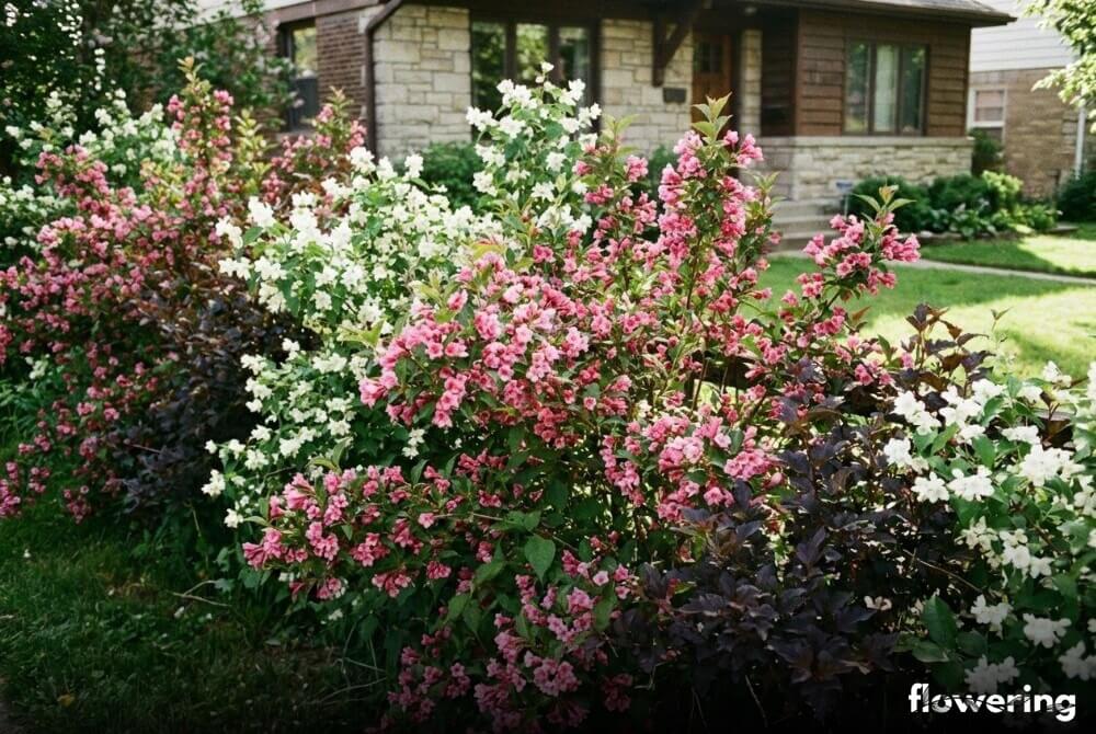 Luźny żywopłot z różowych krzewuszek z jaśminowcem i pęcherznicą 'Diabolo' wzdłuż ogrodu przy domu