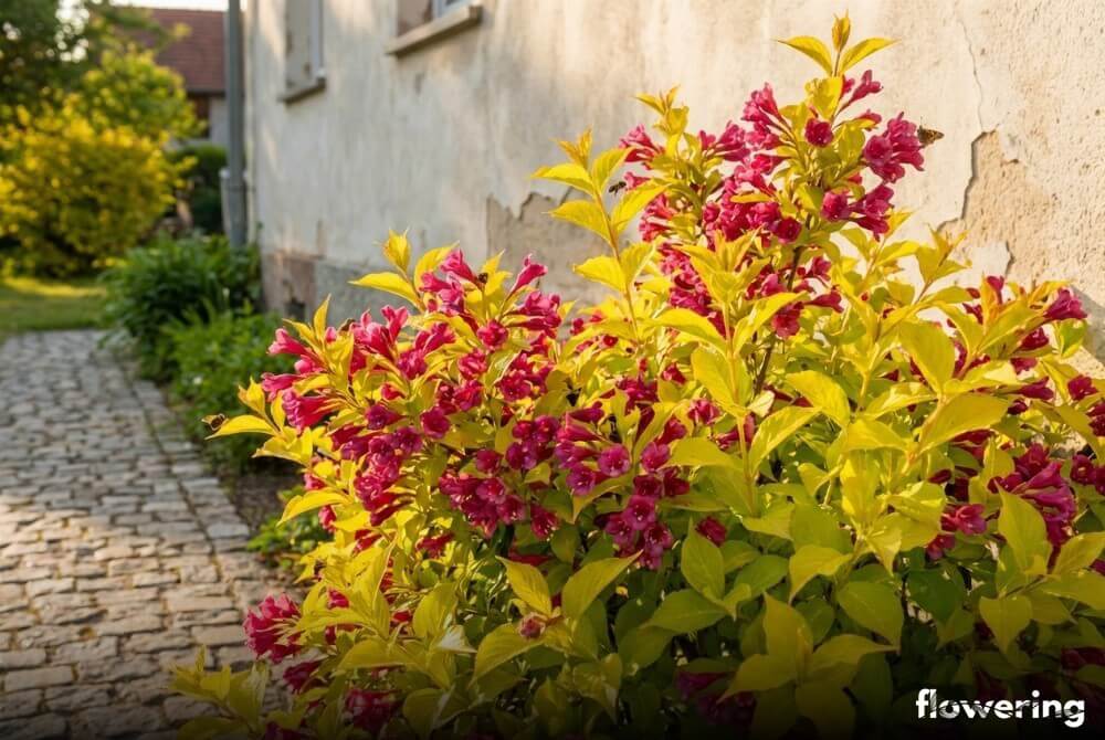 Krzewuszka 'Olympiade' o limonkowo-żółtych liściach i różowych kwiatach przy ścieżce obok domu