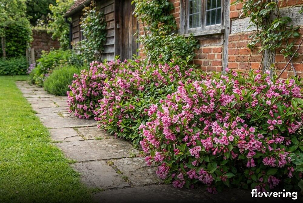 Karłowa krzewuszka 'Piccolo' tworząca kwitnącą obwódkę rabaty przy ścieżce ogrodowej obok domu