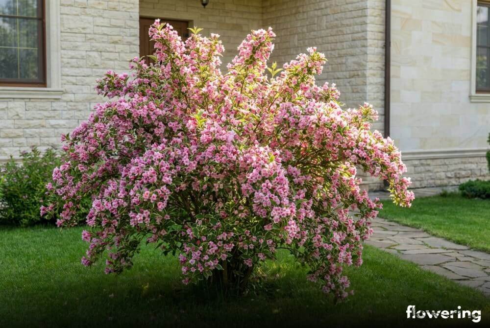 Krzewuszka cudowna jako soliter o fontannowym pokroju kwitnąca różowo na tle trawnika przy domu
