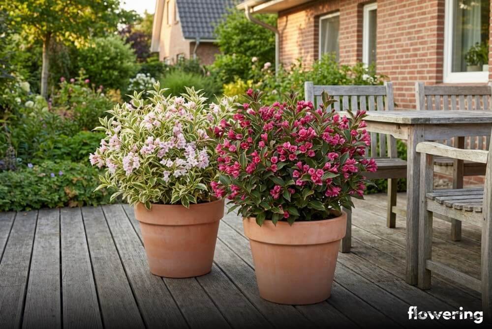 Niskie odmiany krzewuszki cudownej rosnące w donicach na tarasie przy domu, obficie kwitnące różowo