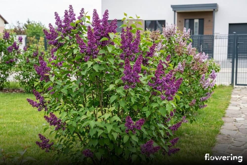 Lilak pospolity 'Andenken an Ludwig Späth' z bardzo ciemnofioletowymi kwiatami przy domu