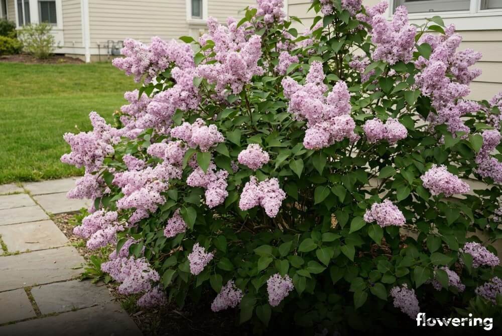 Lilak pospolity 'Katherine Havemeyer' z pełnymi lawendowo-różowymi kwiatostanami na rabacie przy domu