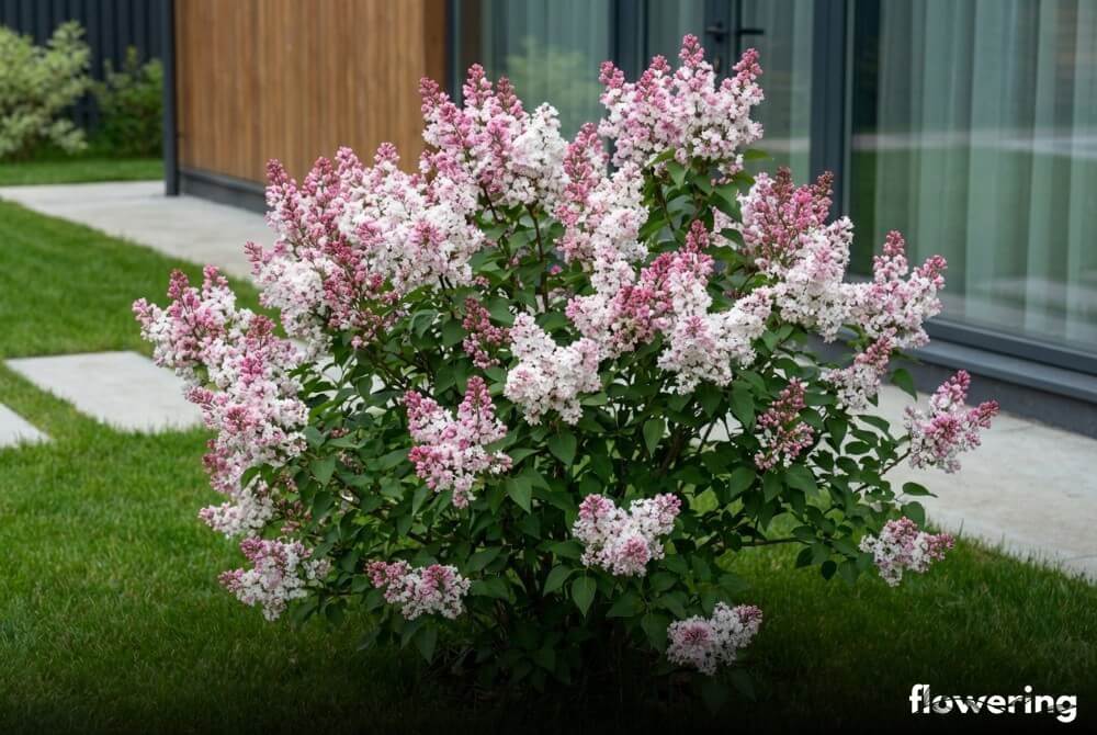 Lilak pospolity 'Krasavitsa Moskvy' z różowymi pąkami i perłowobiałymi kwiatami przy domu