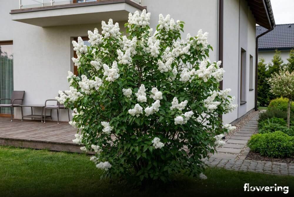 Lilak pospolity 'Madame Lemoine' z pełnymi białymi kwiatostanami przy domu