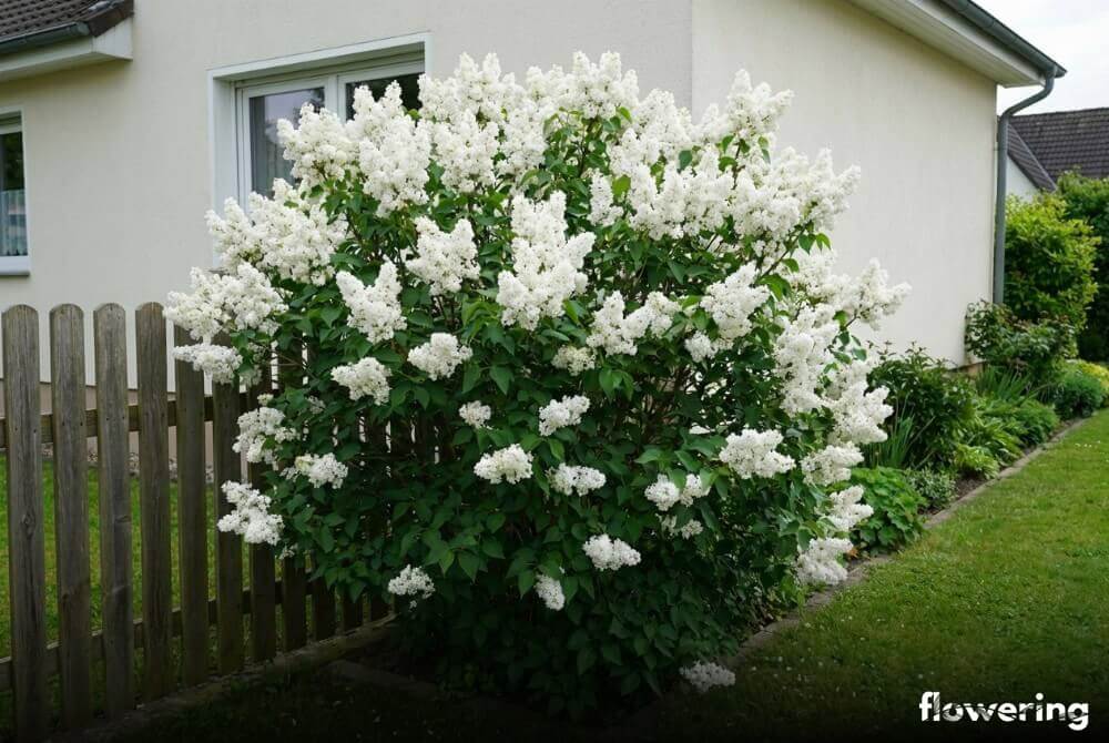 Lilak pospolity 'Mme Florent Stepman' z dużymi białymi wiechami na rabacie przy domu