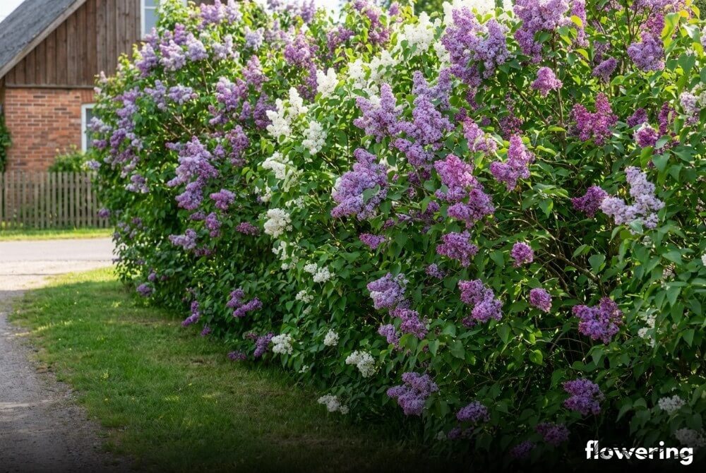 Nieformowany żywopłot z lilaka pospolitego jako kwitnąca osłona od drogi w ogrodzie przy domu