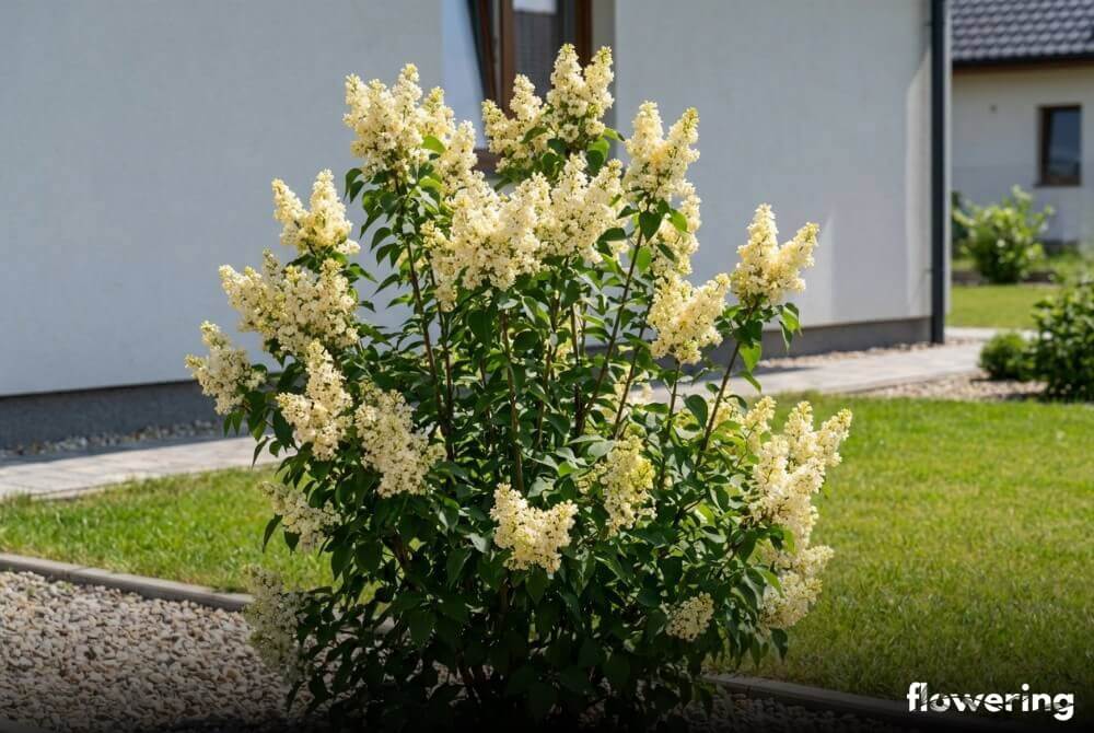 Lilak pospolity 'Primrose' z kremowo-żółtymi kwiatostanami jako soliter przy domu