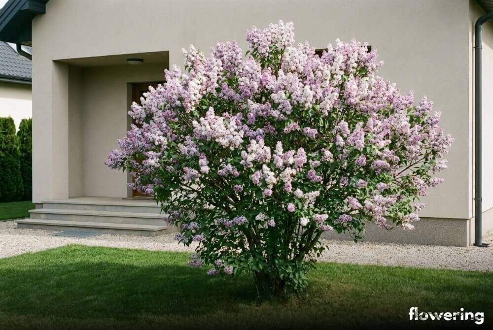 Lilak pospolity jako rozłożysty soliter na trawniku przy wejściu do domu w pełni kwitnienia