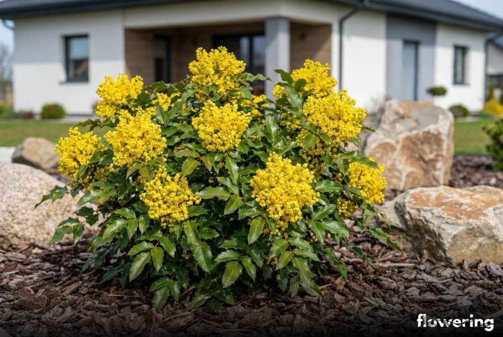 Mahonia pospolita 'Apollo' jako niski, zwarty krzew o dużych żółtych kwiatostanach na rabacie w ogrodzie