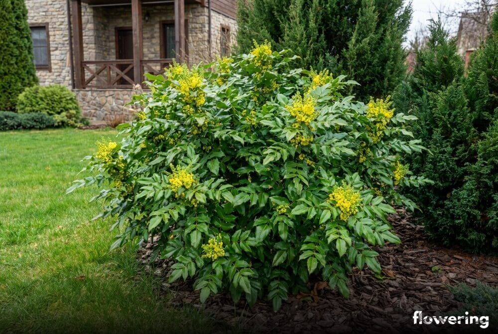 Mahonia pospolita 'Smaragd' o szmaragdowozielonych liściach jako gęsty krzew w ogrodzie z domem w tle