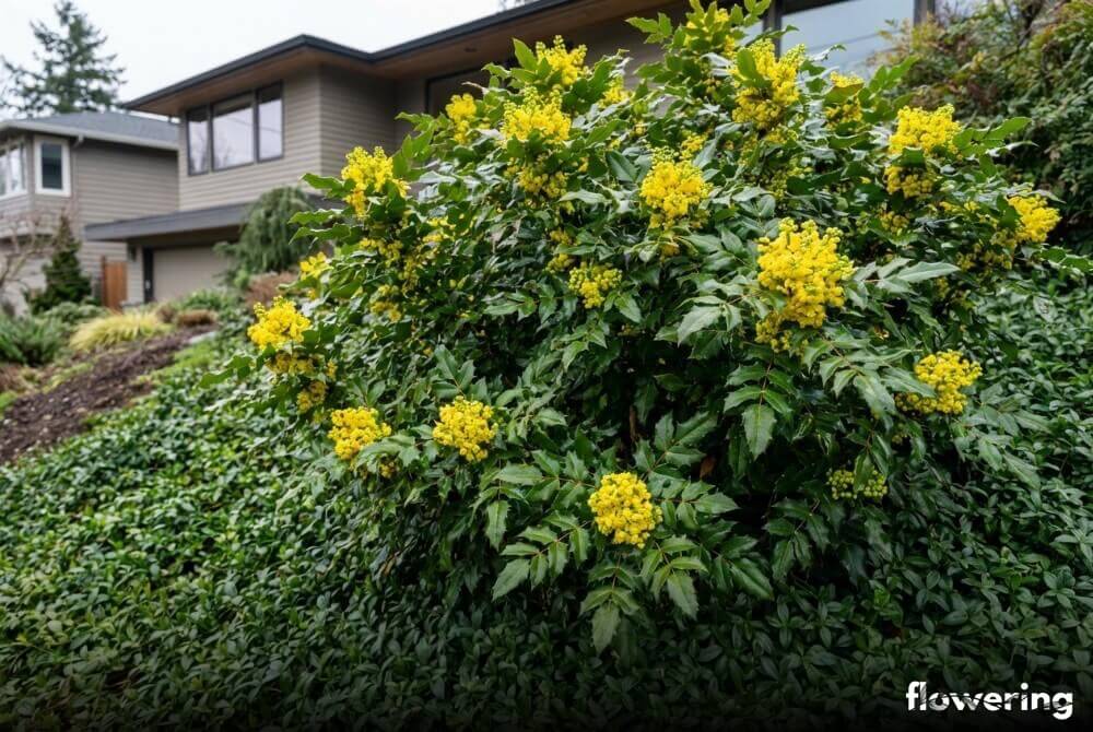 Mahonia pospolita jako wyższe piętro nasadzeń w kompozycji z barwinkiem pospolitym na skarpie w ogrodzie