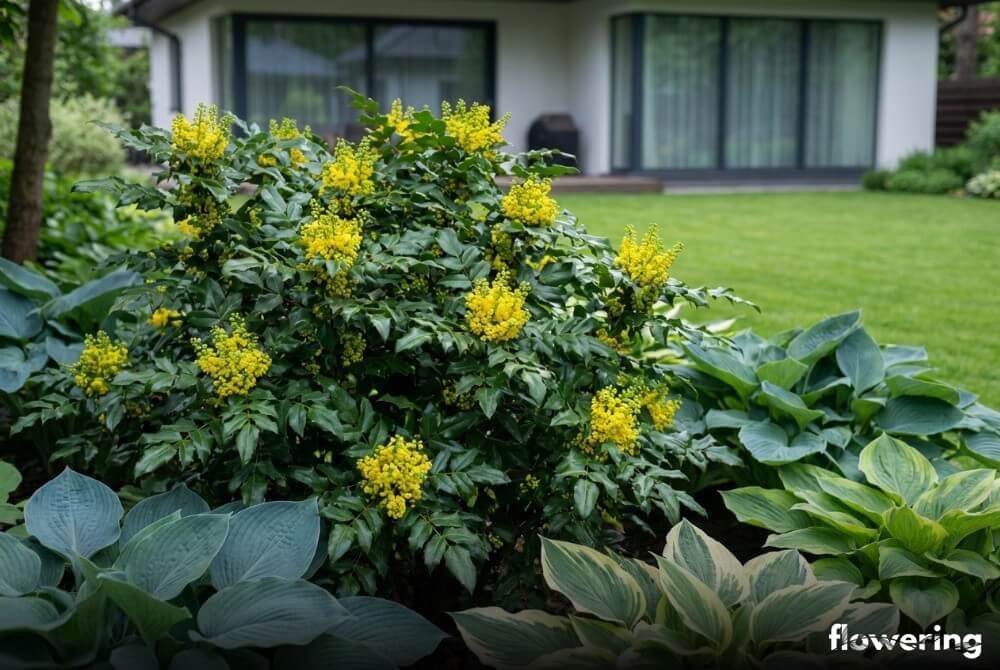 Mahonia pospolita z błyszczącymi liśćmi w kompozycji z dużymi liśćmi funkii na cienistej rabacie