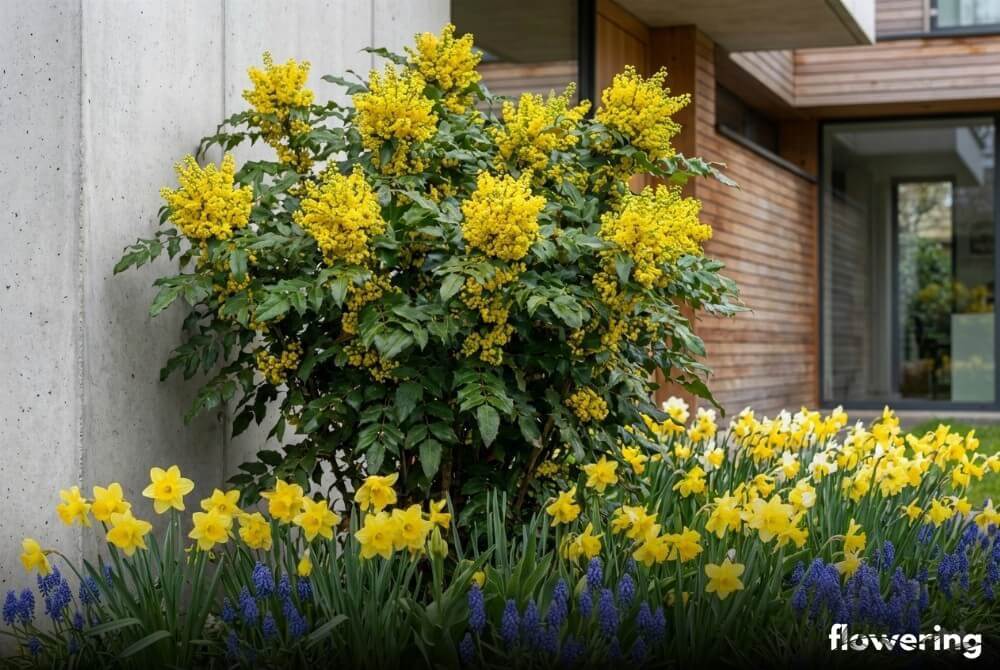 Mahonia pospolita z żółtymi kwiatami jako tło dla narcyzów i szafirków na wiosennej rabacie