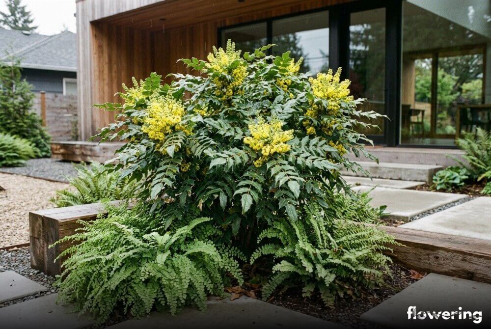 Mahonia pospolita z żółtymi kwiatami w kompozycji z lekkimi paprociami w naturalistycznym ogrodzie