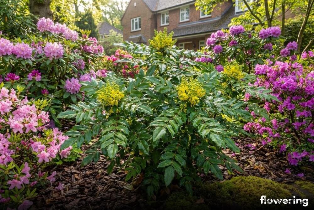 Mahonia pospolita na kwasolubnej rabacie w kompozycji z kwitnącymi różanecznikami i azaliami