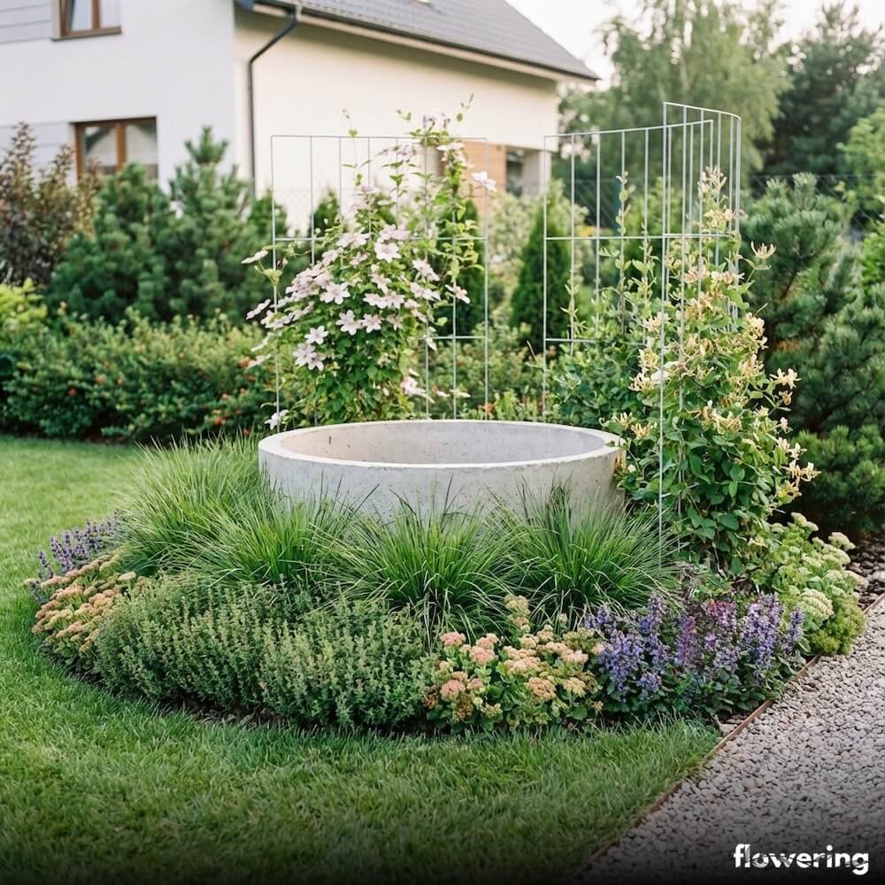 Studnia ogrodowa otoczona pierścieniem niskich bylin i traw, z delikatnymi pnączami na ażurowych podporach i niskimi krzewami w tle, w nowoczesnym przydomowym ogrodzie