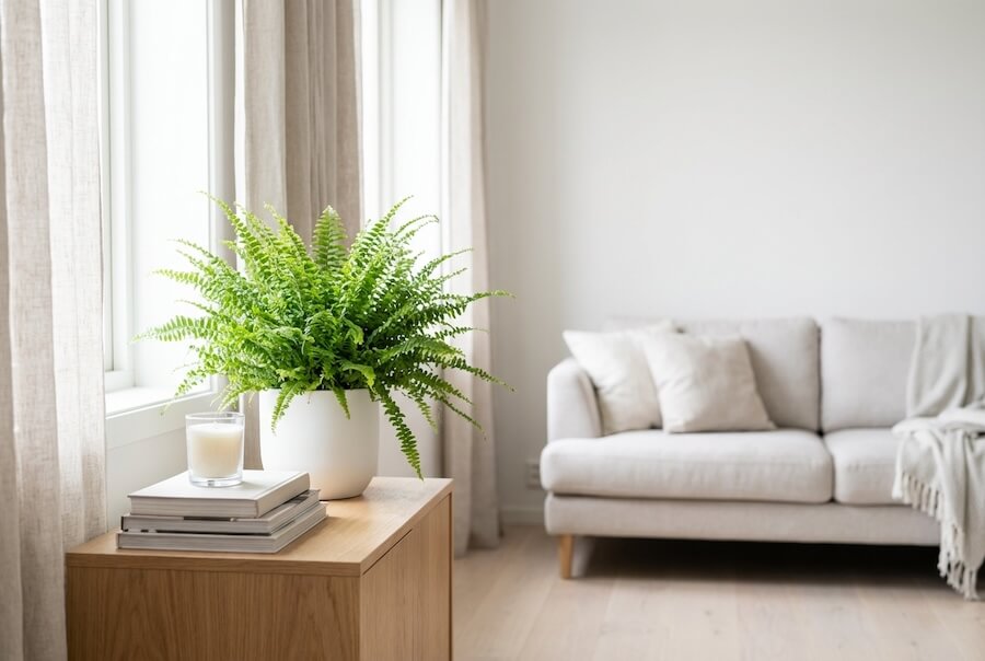 Paproć nefrolepis w białej doniczce jako główny element aranżacji na drewnianej komodzie w jasnym, skandynawskim salonie