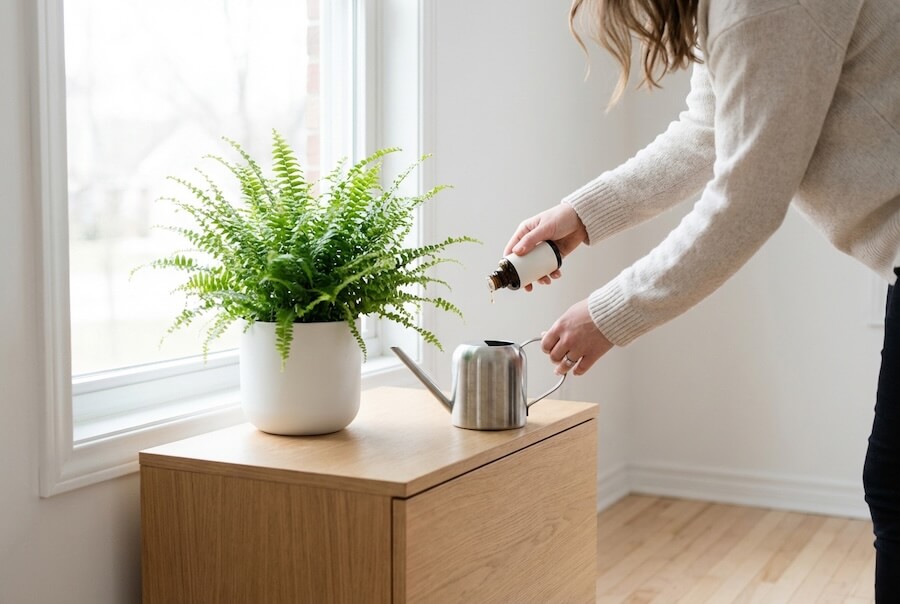 Osoba odmierzająca płynny nawóz do konewki obok doniczki z paprocią nefrolepis na drewnianej komodzie w jasnym, skandynawskim salonie