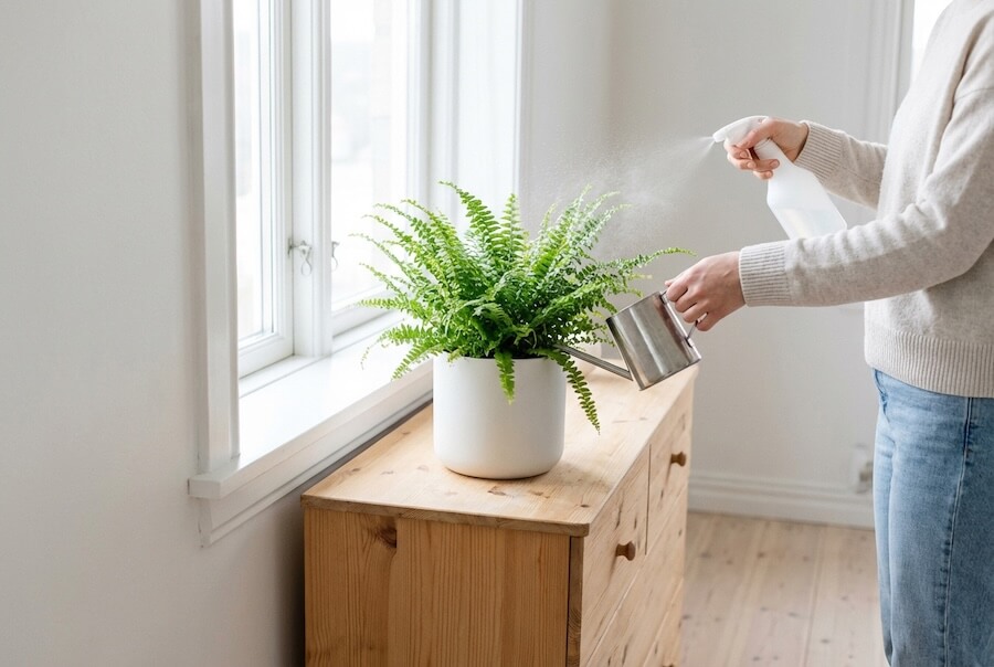 Osoba podlewająca konewką i zraszająca spryskiwaczem paproć nefrolepis w białej doniczce na komodzie w jasnym, skandynawskim salonie