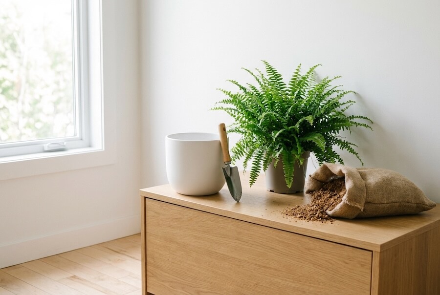 Biała doniczka, worek z lekką ziemią do paproci i nefrolepis na drewnianej komodzie w jasnym, skandynawskim salonie