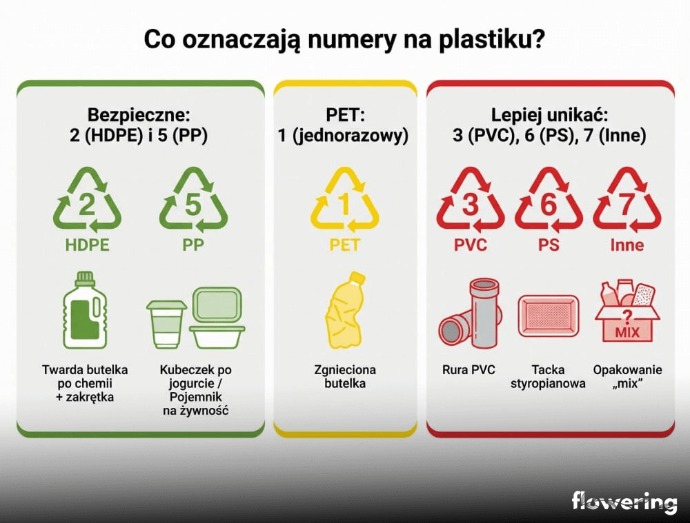 Infografika wyjaśniająca numery na plastiku: bezpieczne 2 (HDPE) i 5 (PP) do żółtego pojemnika, PET 1 jako jednorazowy (zgniataj, do żółtego), oraz problematyczne 3 (PVC), 6 (PS) i 7 (Inne) z zasadami: unikać 3 i 7, czysty PS do żółtego, „7” bez opisu do zmieszanych.