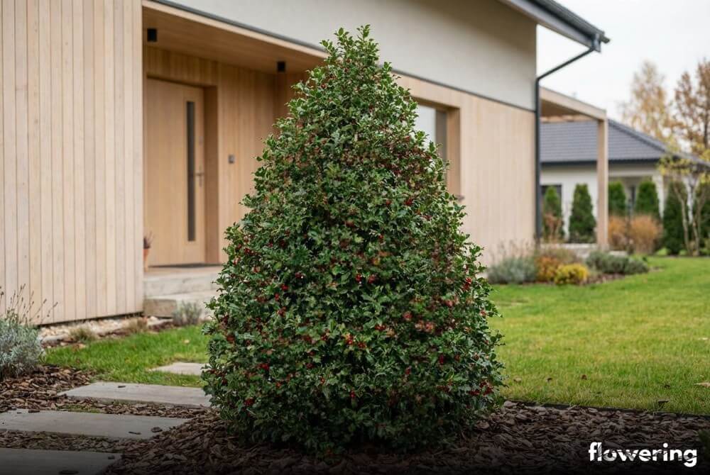 Ostrokrzew kolczasty 'Alaska' jako stożkowaty, zimozielony krzew z czerwonymi owocami przy domu