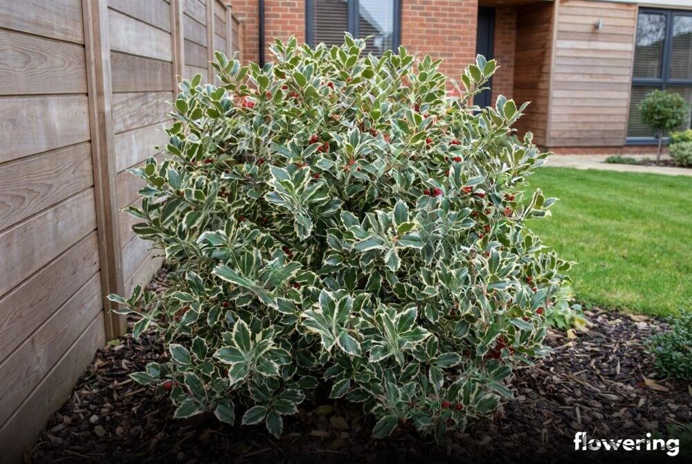 Ostrokrzew kolczasty 'Argentea Marginata' z zielono-biało obrzeżonymi liśćmi i czerwonymi owocami w ogrodzie przy domu