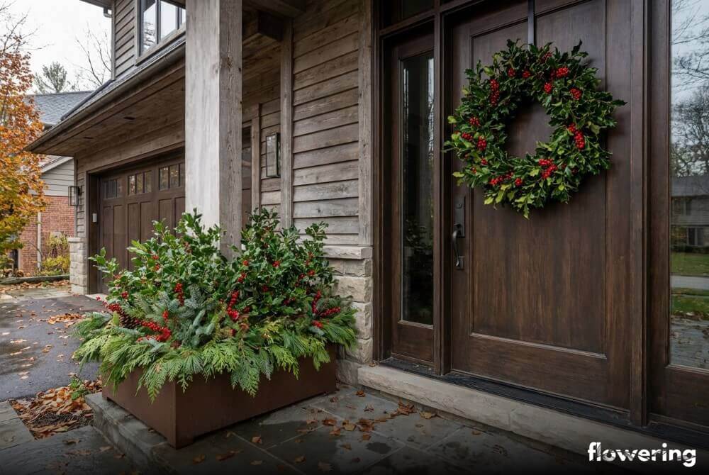 Ostrokrzew jako zimowa dekoracja, wieniec na drzwiach i ostrokrzew w donicy