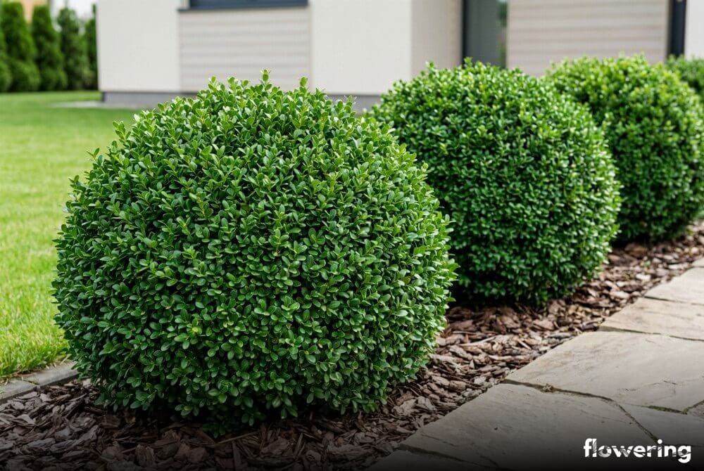 Ostrokrzew karbowanolistny 'Convexa' formowany w gęste kule przy ścieżce w ogrodzie przy domu