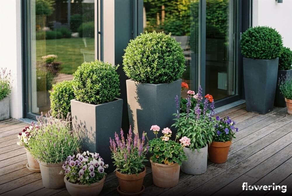 Ostrokrzew karbowanolistny Ilex crenata w nowoczesnych donicach na tarasie jako zimozielone tło dla kwiatów