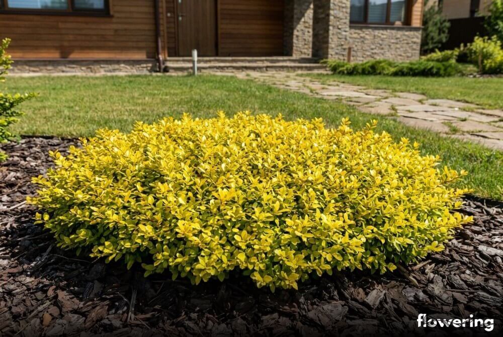 Ostrokrzew karbowanolistny 'Golden Gem' jako złocisty, niski krzew okrywowy na froncie rabaty przy domu