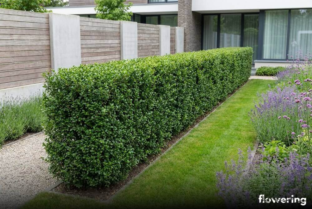 Ostrokrzew karbowanolistny 'Green Hedge' jako niski żywopłot wzdłuż ścieżki w ogrodzie przy domu