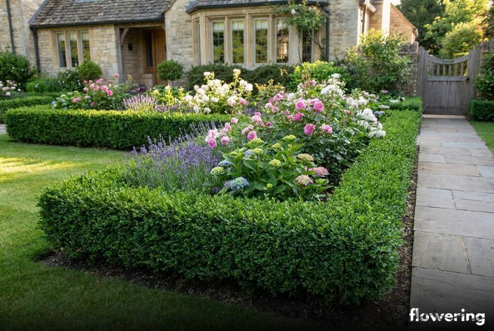Ostrokrzew karbowanolistny Ilex crenata jako niski żywopłot obwódkowy wokół rabaty z różami, lawendą i hortensjami przy domu