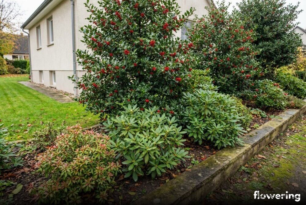 Ostrokrzew kolczasty z różanecznikami, azaliami i pierisem na późnojesiennej rabacie przy domu