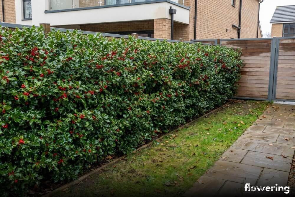 Zimozielony żywopłot obronny z ostrokrzewu kolczastego z czerwonymi owocami przy ogrodzeniu domu