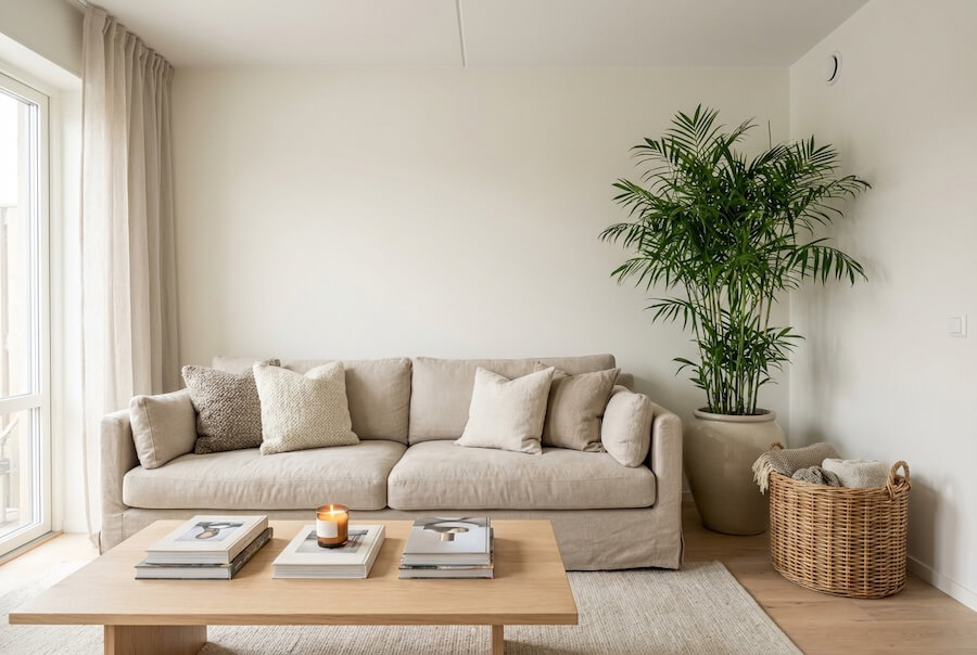 Palma bambusowa jako dekoracyjny, zielony akcent w jasnym, skandynawskim salonie z sofą i stolikiem kawowym